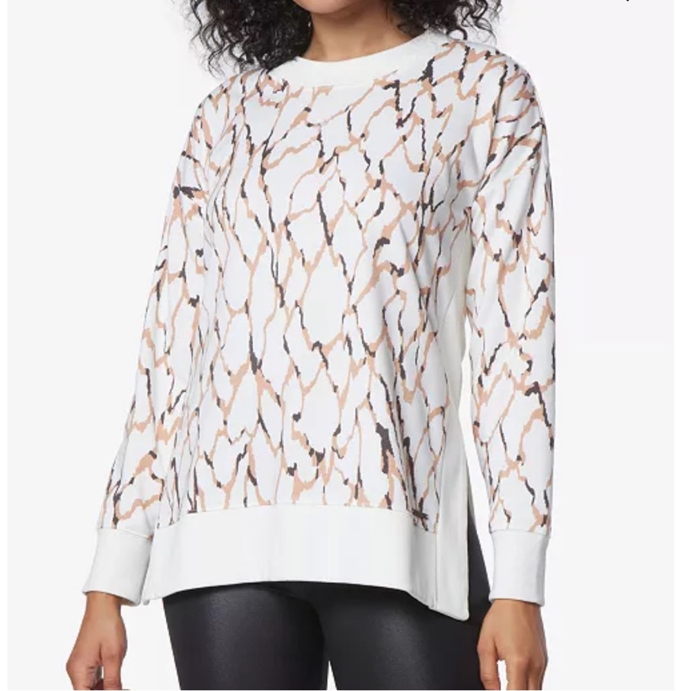 Andrew Marc Sport cream + animal print Printed Tunic Length Pullover, side-vents